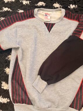 Vintage Men’s Hush Puppies Grey Crewneck Sweater with Black & Red Stripe Panels